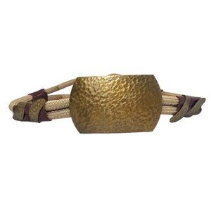 Vintage 1980s Stretchy Rope 28" Belt Hammered Brass Buckle Leather Accents